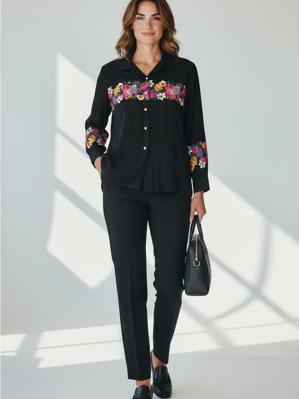 Karen Kane Shirt Womens VTG 14 Black Floral Beaded Button Up Rayon Top